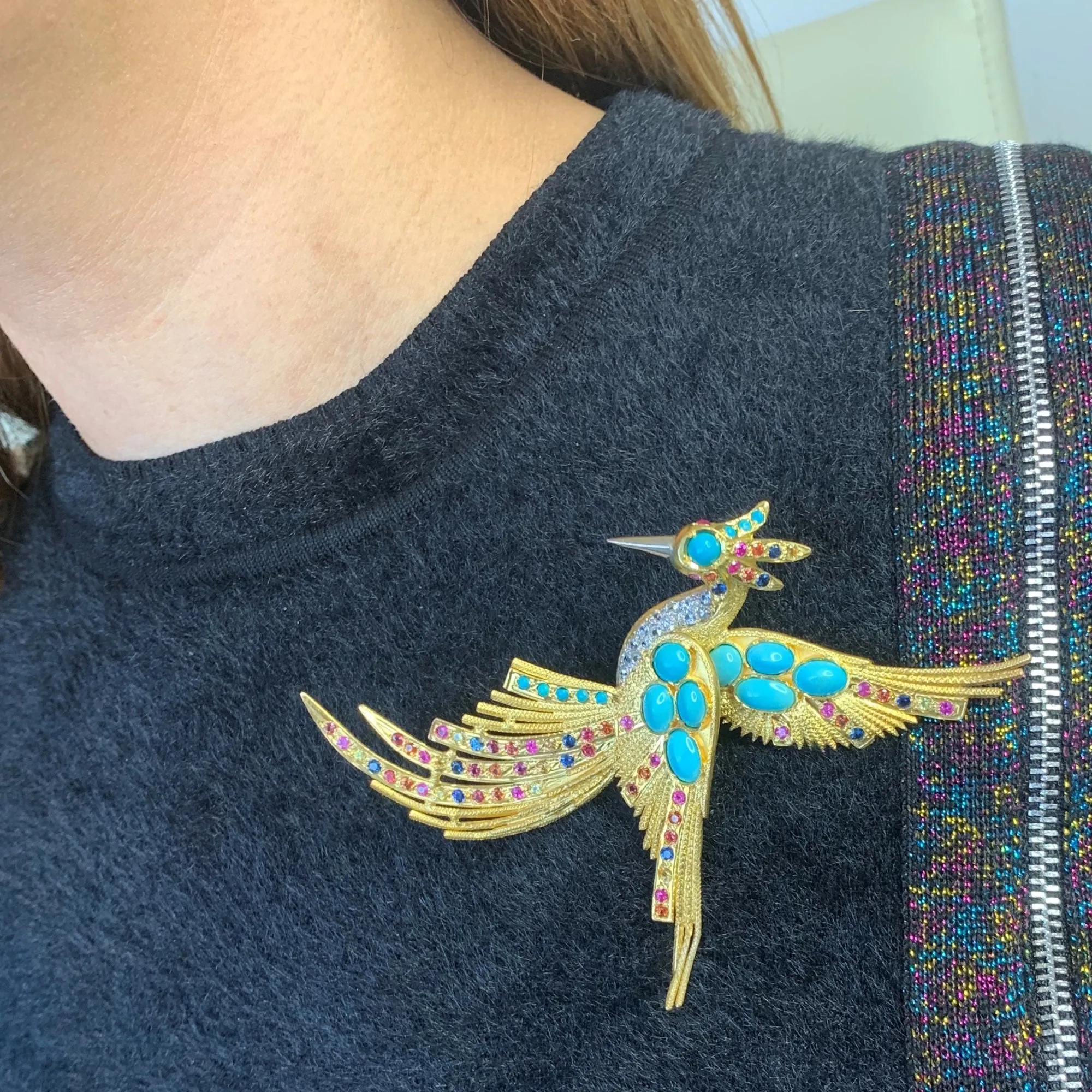 18k Yellow Gold Turquoise, Sapphire and Diamond Bird Brooch
