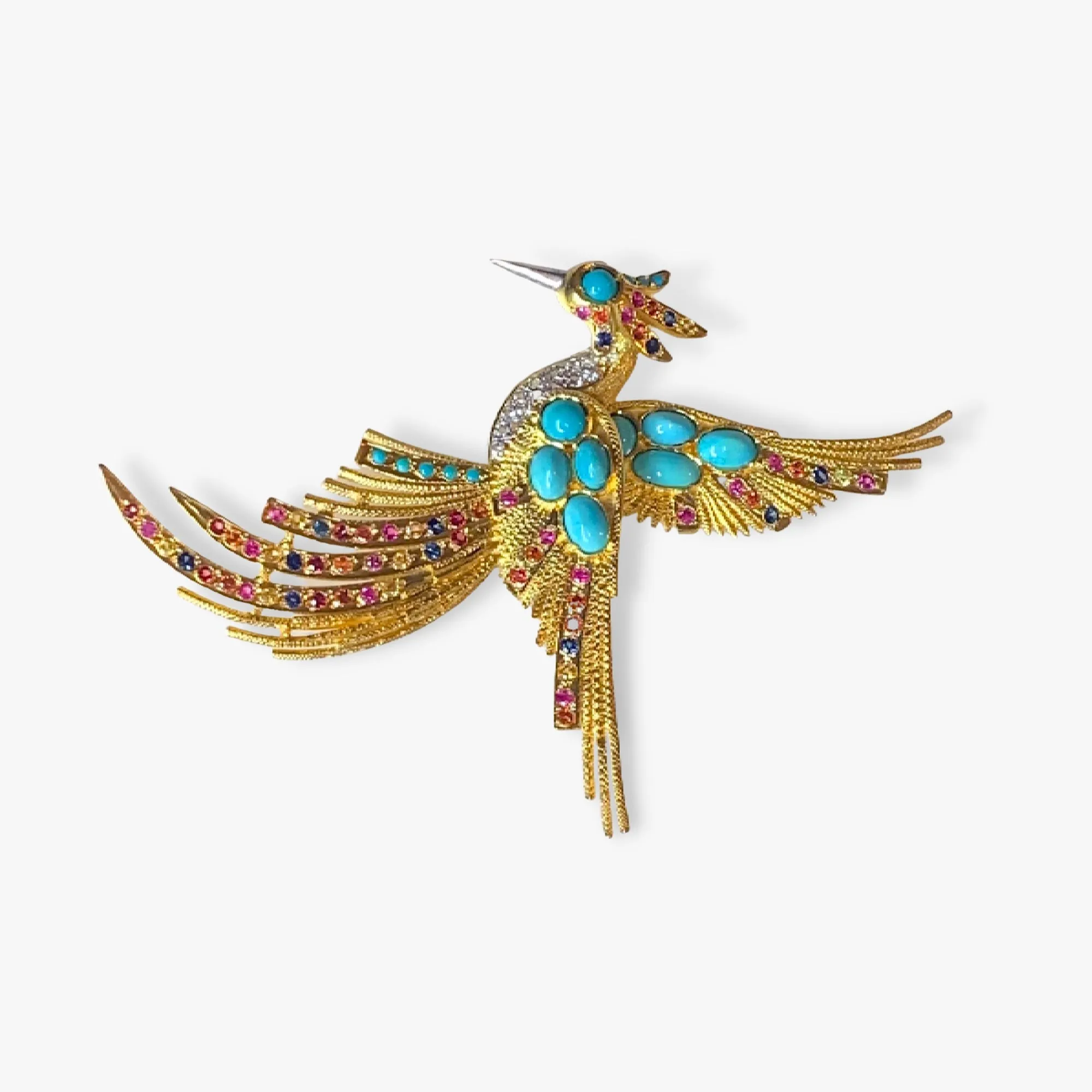 18k Yellow Gold Turquoise, Sapphire and Diamond Bird Brooch
