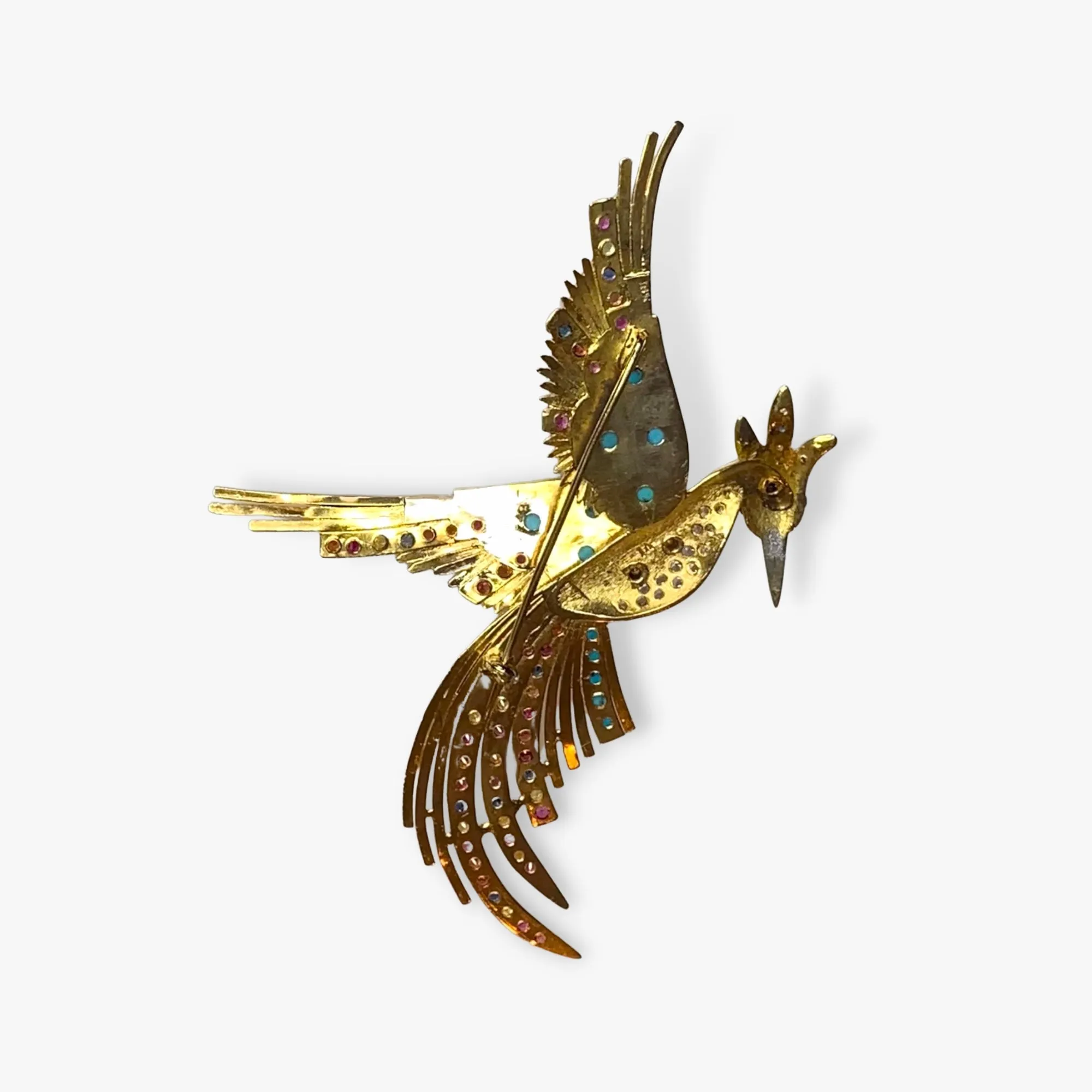 18k Yellow Gold Turquoise, Sapphire and Diamond Bird Brooch