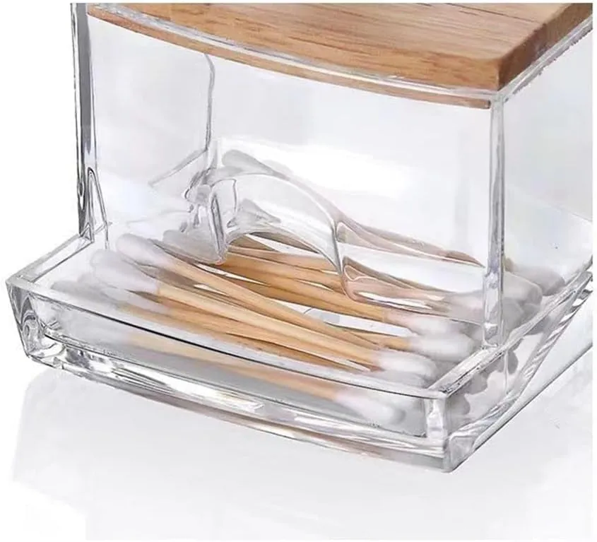 (88x72mm) Cotton Swab Dispenser Beauty Make Up Organizer Storage Box with Bamboo Lid - Transparent