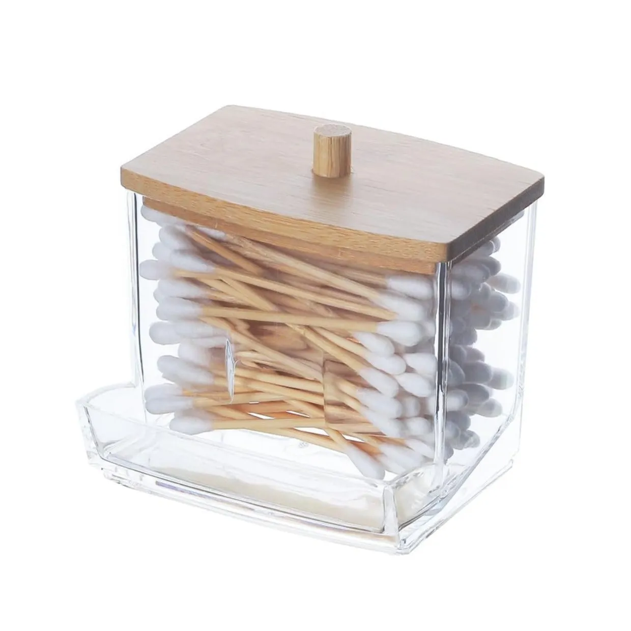 (88x72mm) Cotton Swab Dispenser Beauty Make Up Organizer Storage Box with Bamboo Lid - Transparent