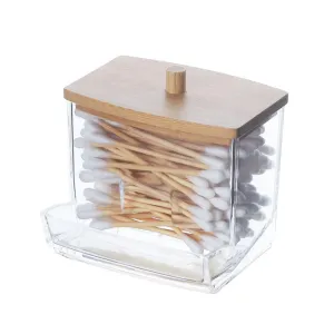(88x72mm) Cotton Swab Dispenser Beauty Make Up Organizer Storage Box with Bamboo Lid - Transparent