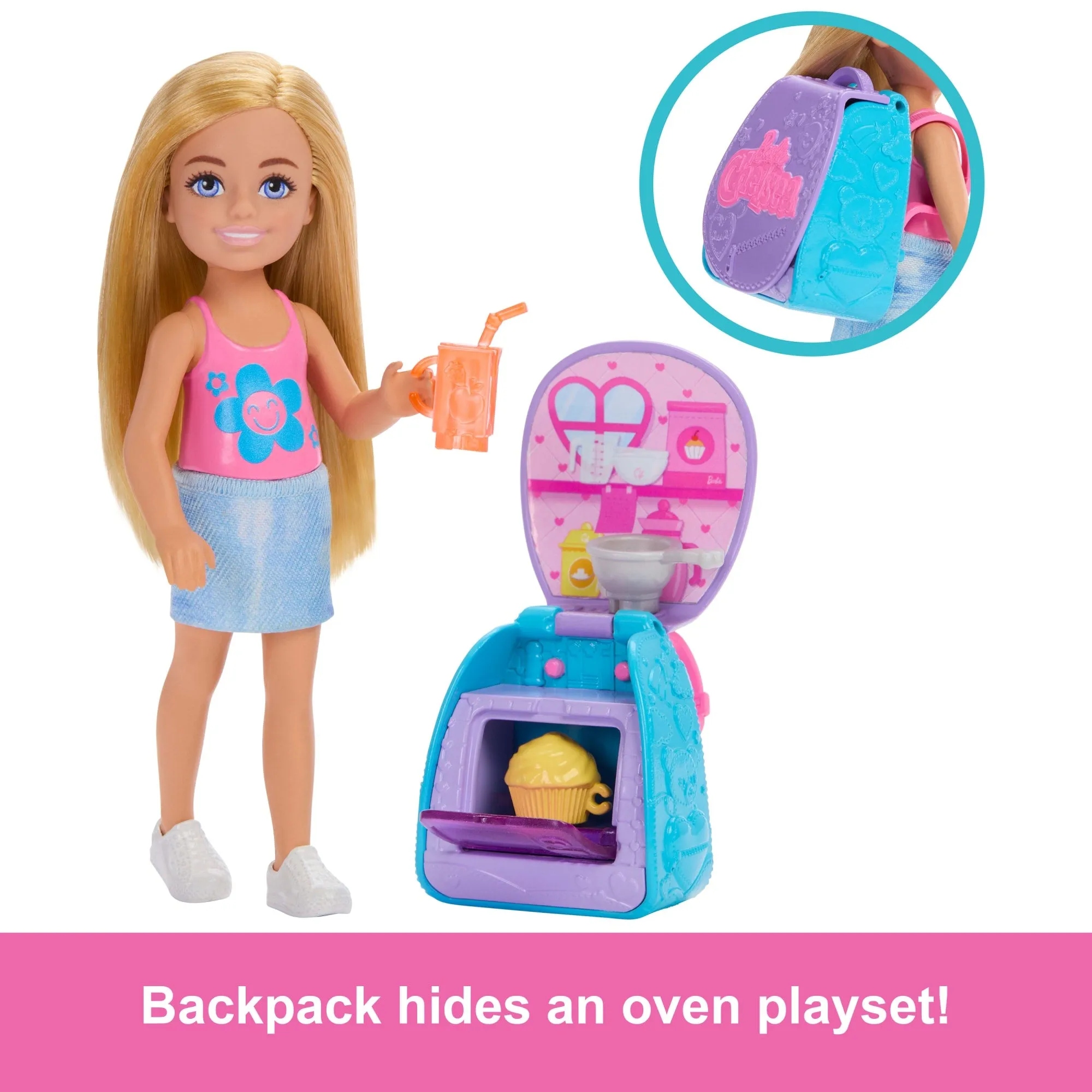 Barbie Family & Friends Chelsea Cupcake Baking Backpack Chelsea Doll And Accessories, Backpack With Cupcake Play Piece
