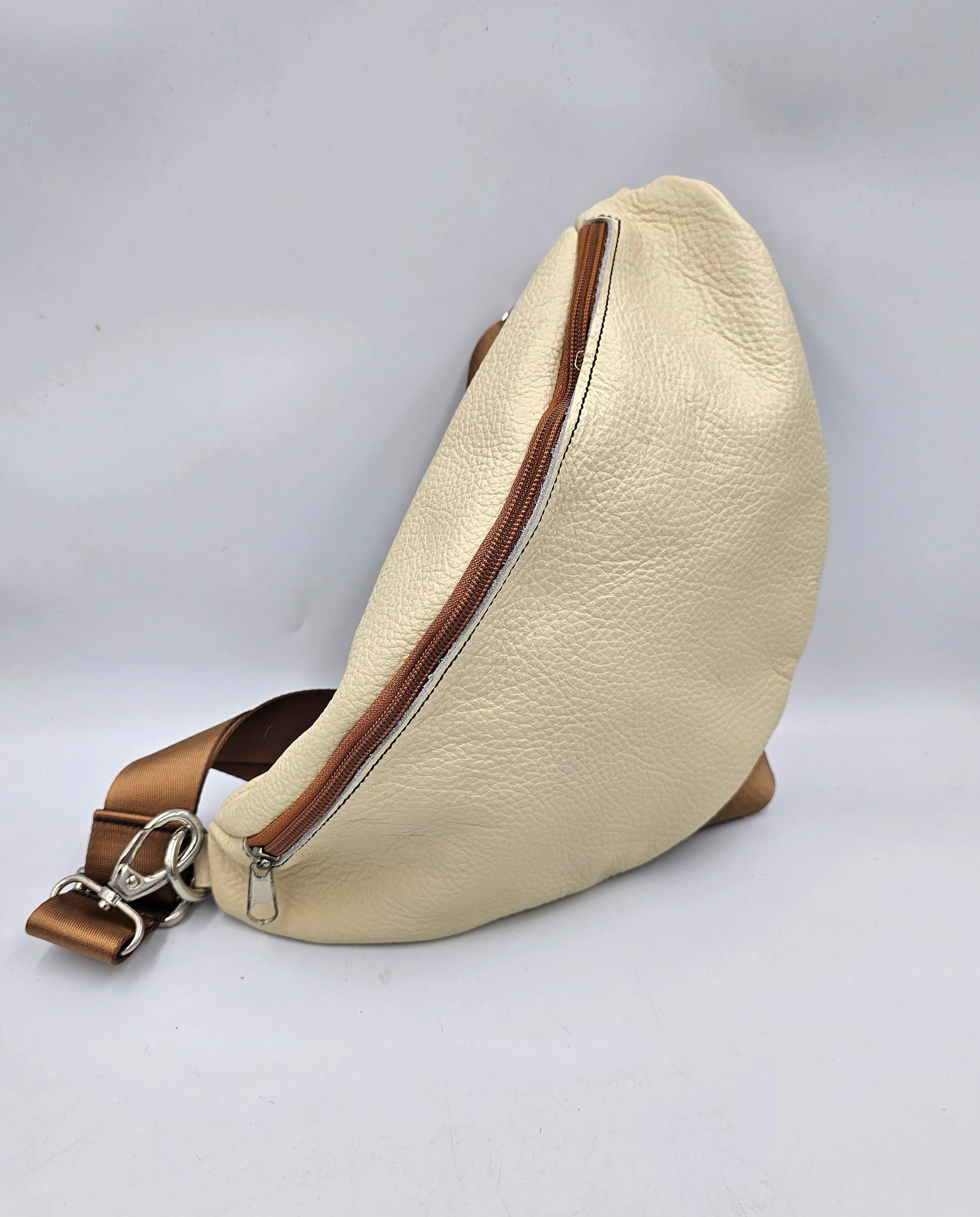 Beige color cream leather waist bag - Unisex leather fanny pack