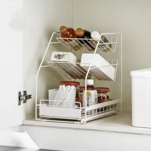Black & White Carbon Steel Under Sink Storage Organizer Rack Stand For Home & Kitchen