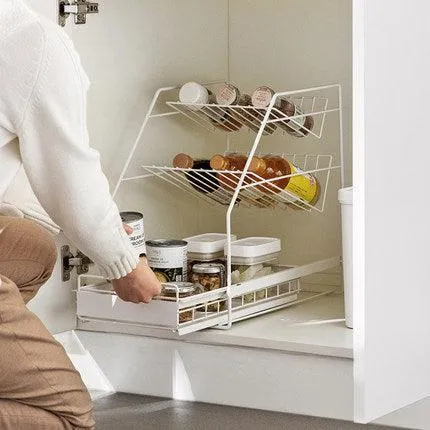 Black & White Carbon Steel Under Sink Storage Organizer Rack Stand For Home & Kitchen