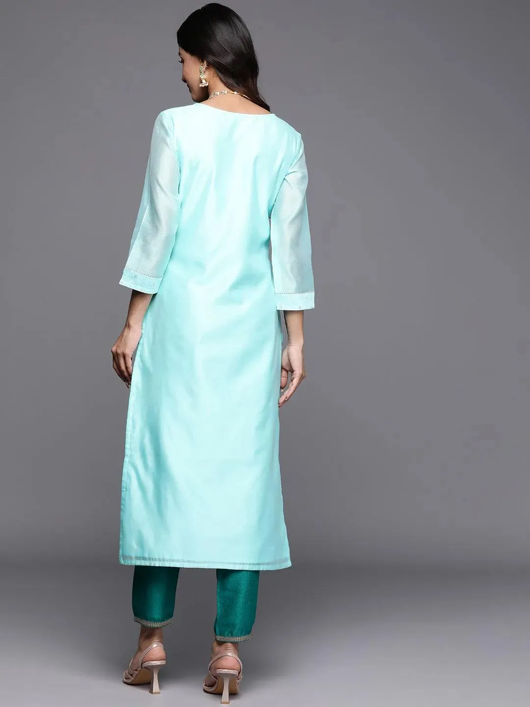 Blue Embellished Chanderi Silk Straight Kurta