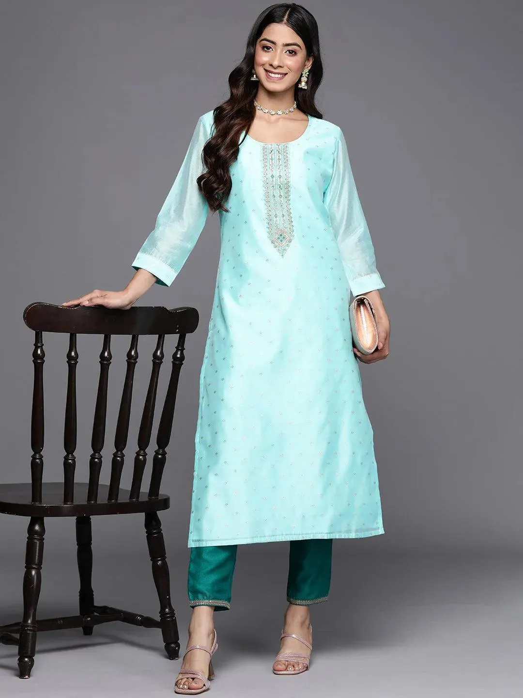 Blue Embellished Chanderi Silk Straight Kurta