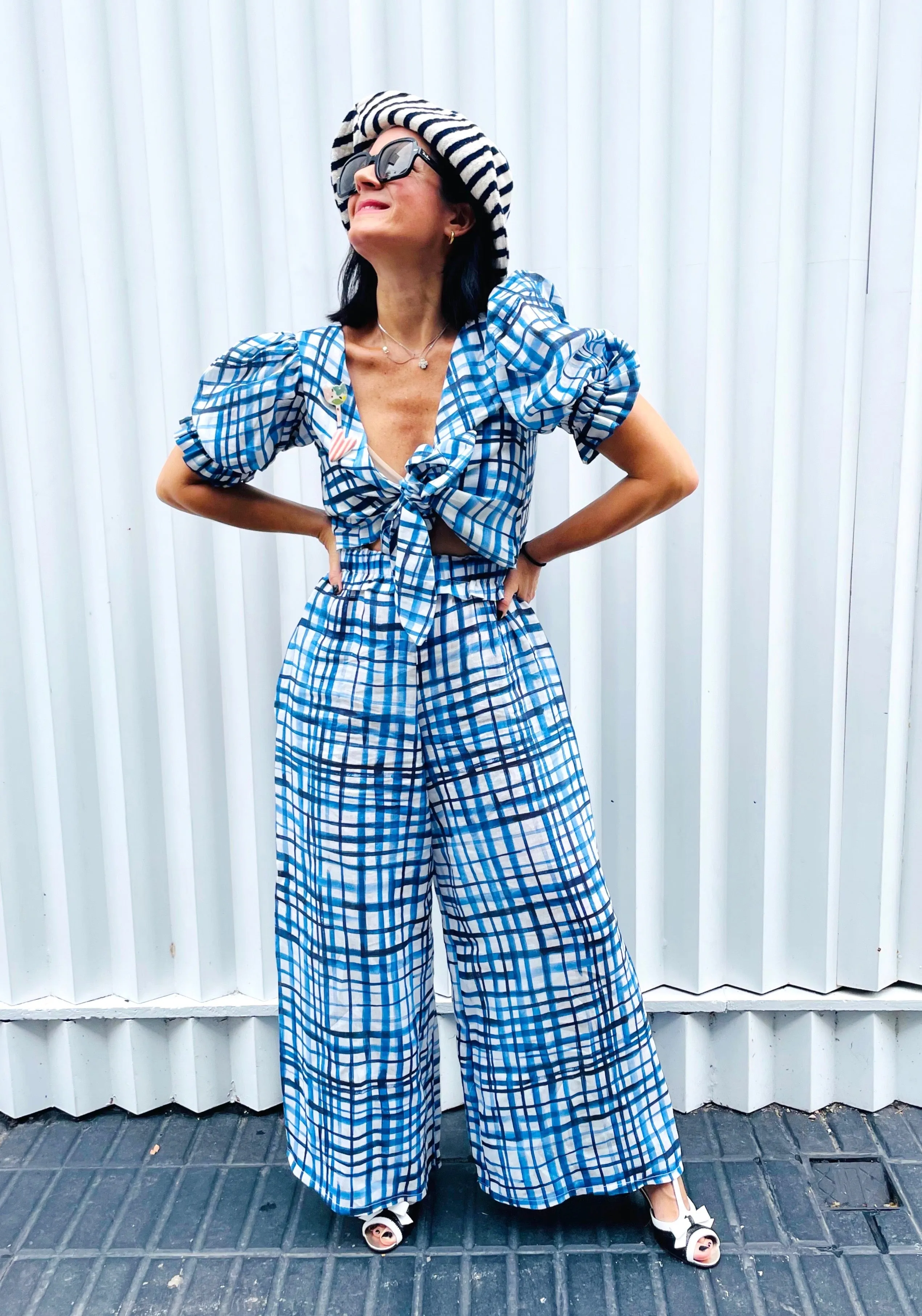 Blue Organic Windowpane Romeo Pants