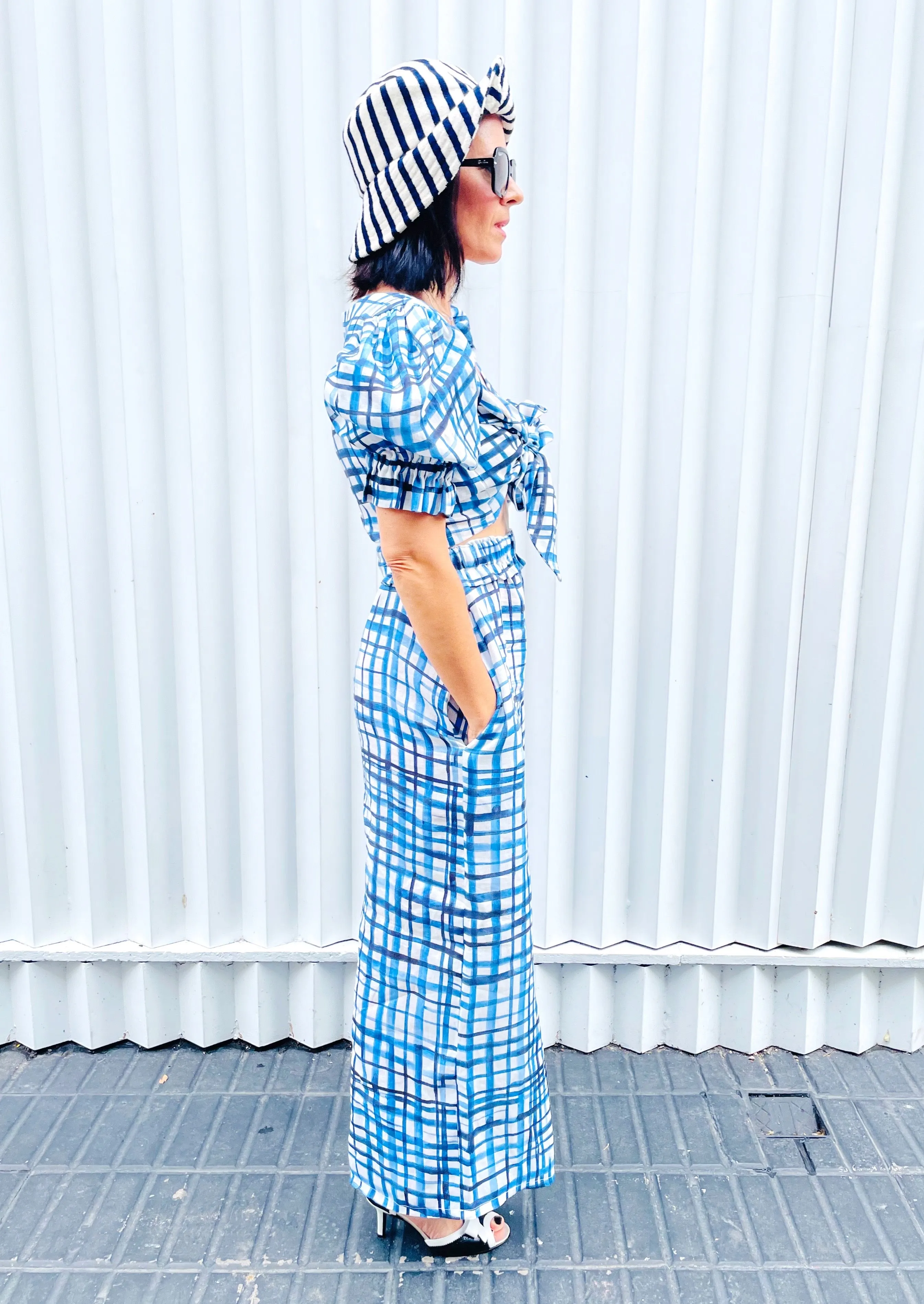 Blue Organic Windowpane Romeo Pants