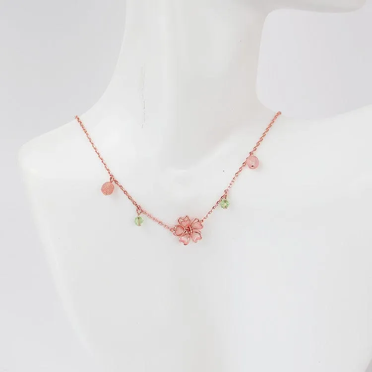 Charming Pink Crystal Flower Charm Necklace