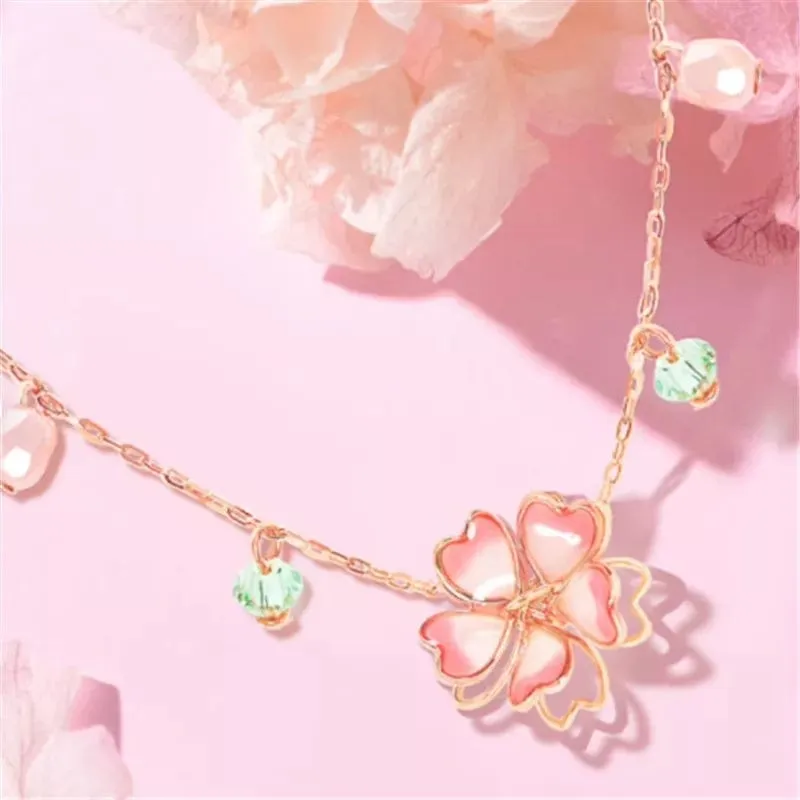Charming Pink Crystal Flower Charm Necklace
