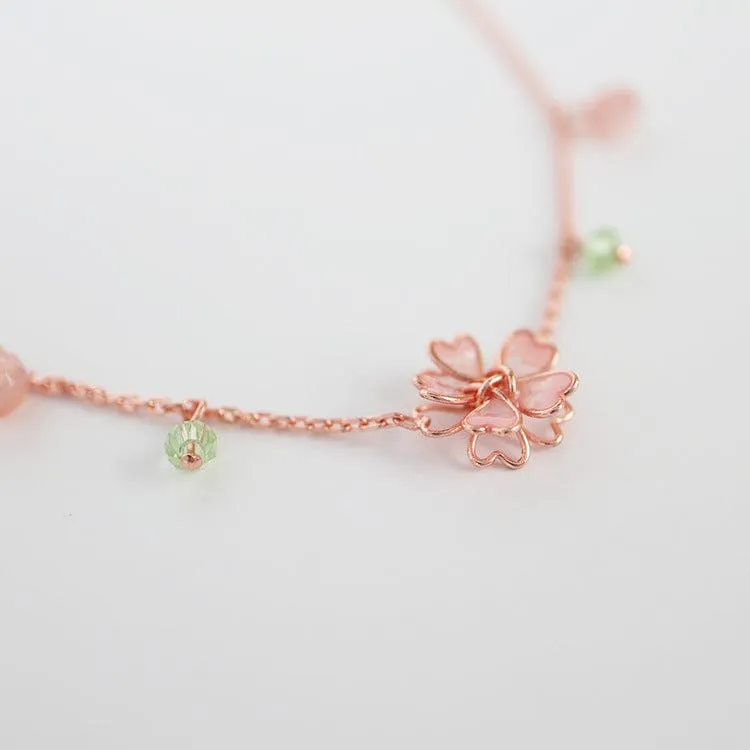 Charming Pink Crystal Flower Charm Necklace