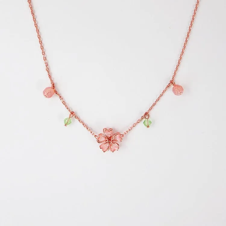 Charming Pink Crystal Flower Charm Necklace