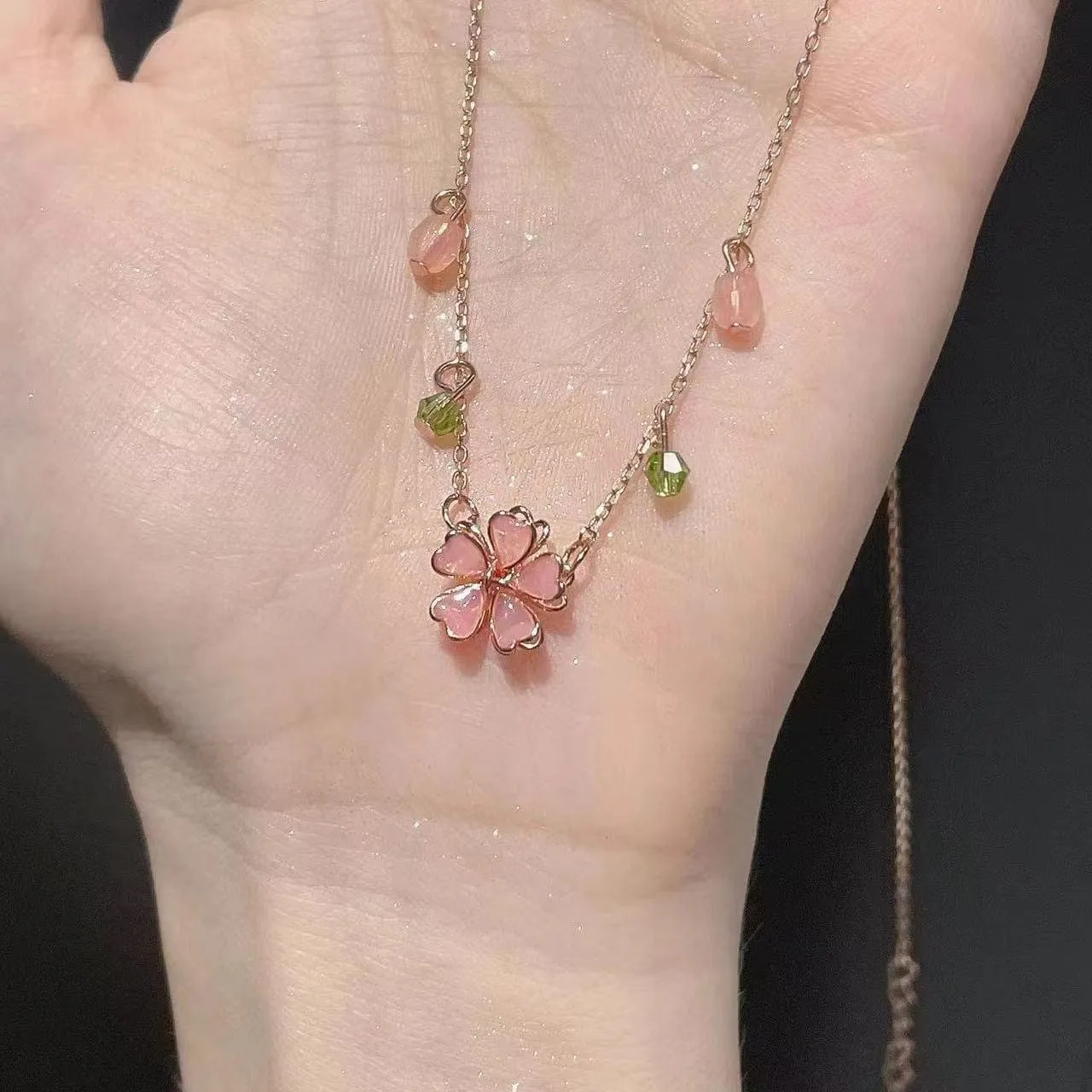 Charming Pink Crystal Flower Charm Necklace