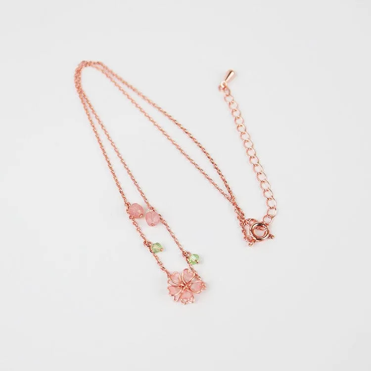 Charming Pink Crystal Flower Charm Necklace