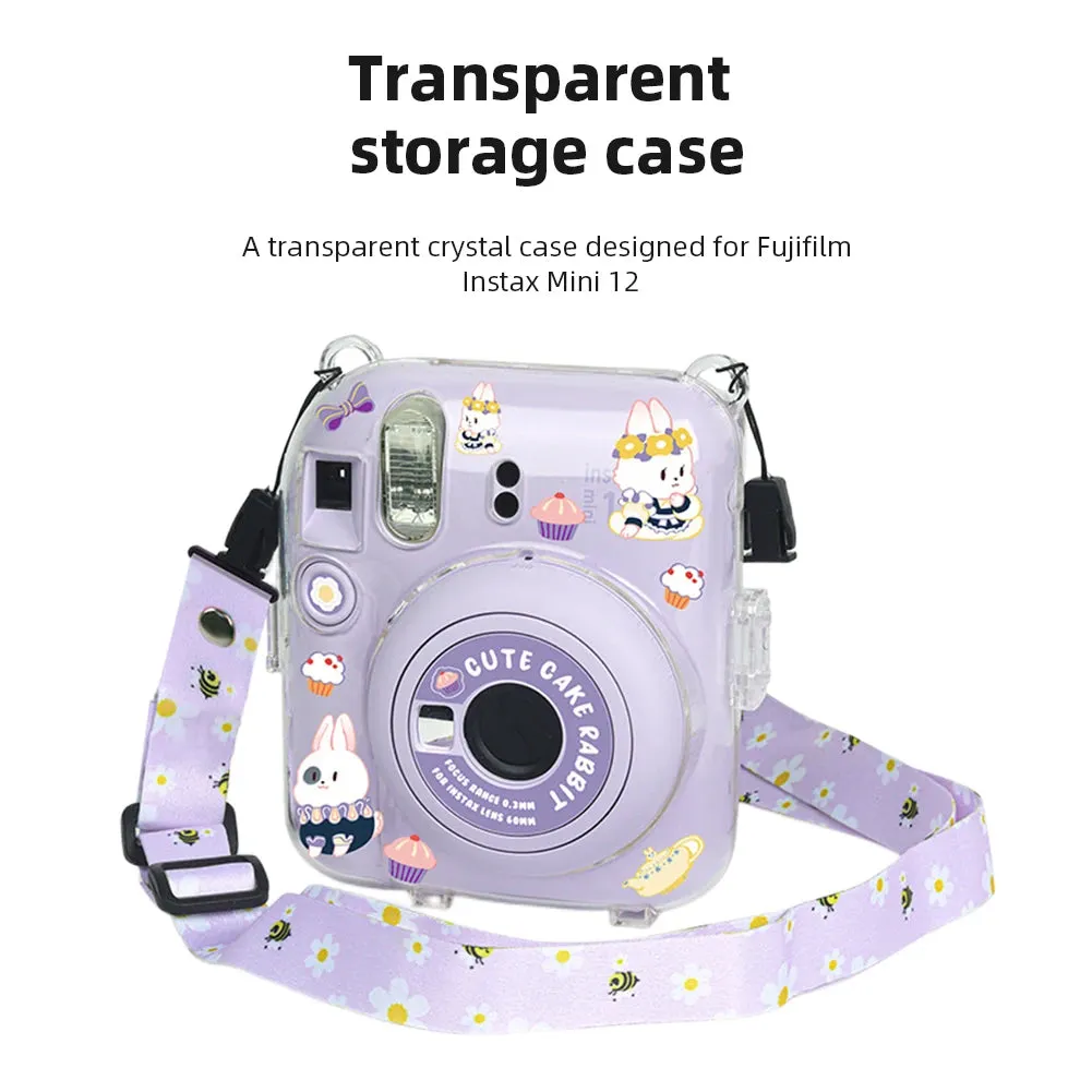 Clear Case Compatible with Fujifilm Mini 12 Instant Camera, Hard PC Cover with Adjustable Strap and Pocket & Decorative sticker - Purple