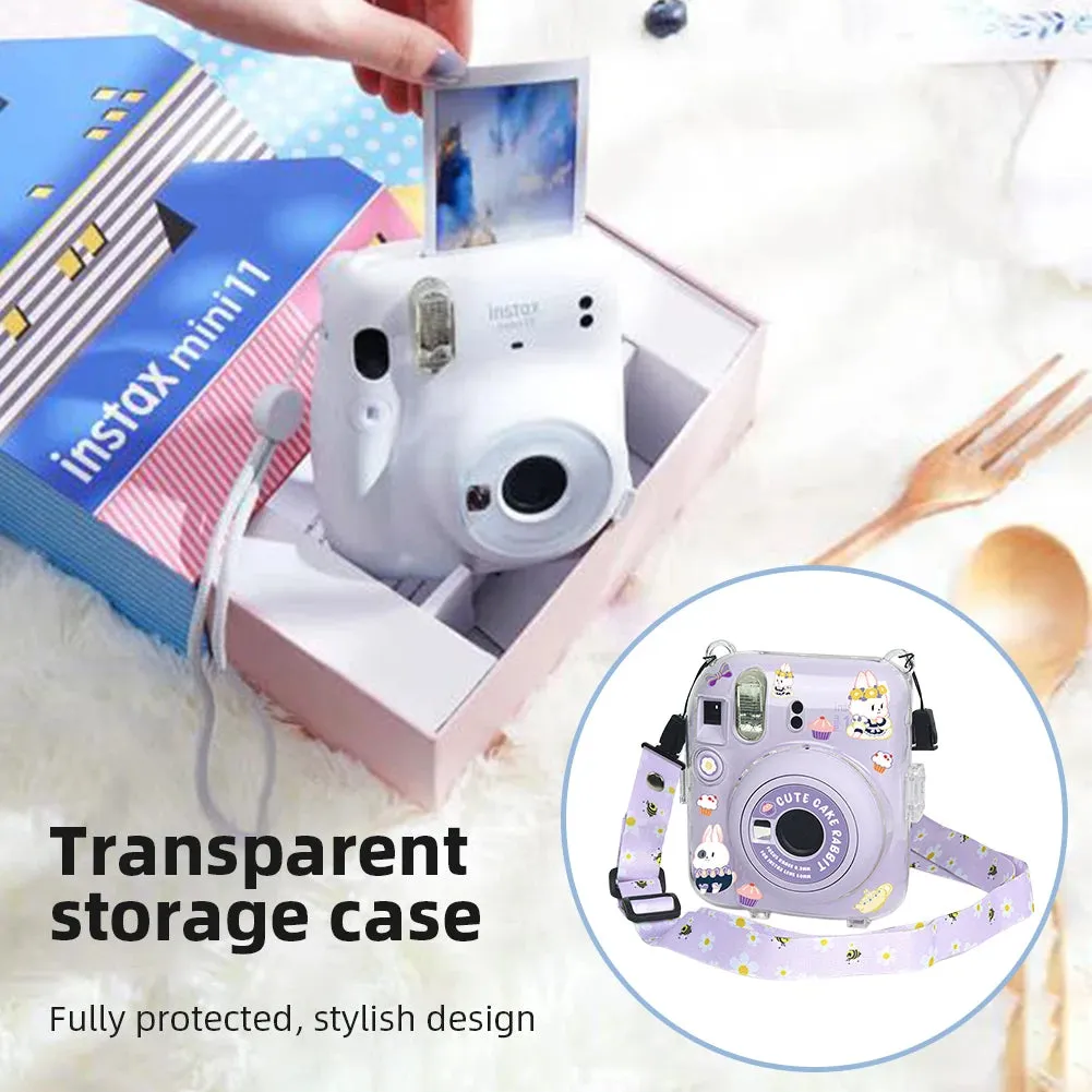 Clear Case Compatible with Fujifilm Mini 12 Instant Camera, Hard PC Cover with Adjustable Strap and Pocket & Decorative sticker - Purple