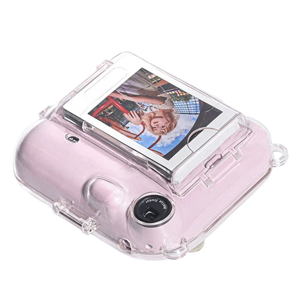 Clear Case Compatible with Fujifilm Mini 12 Instant Camera, Hard PC Cover with Adjustable Strap and Pocket & Decorative sticker - Purple