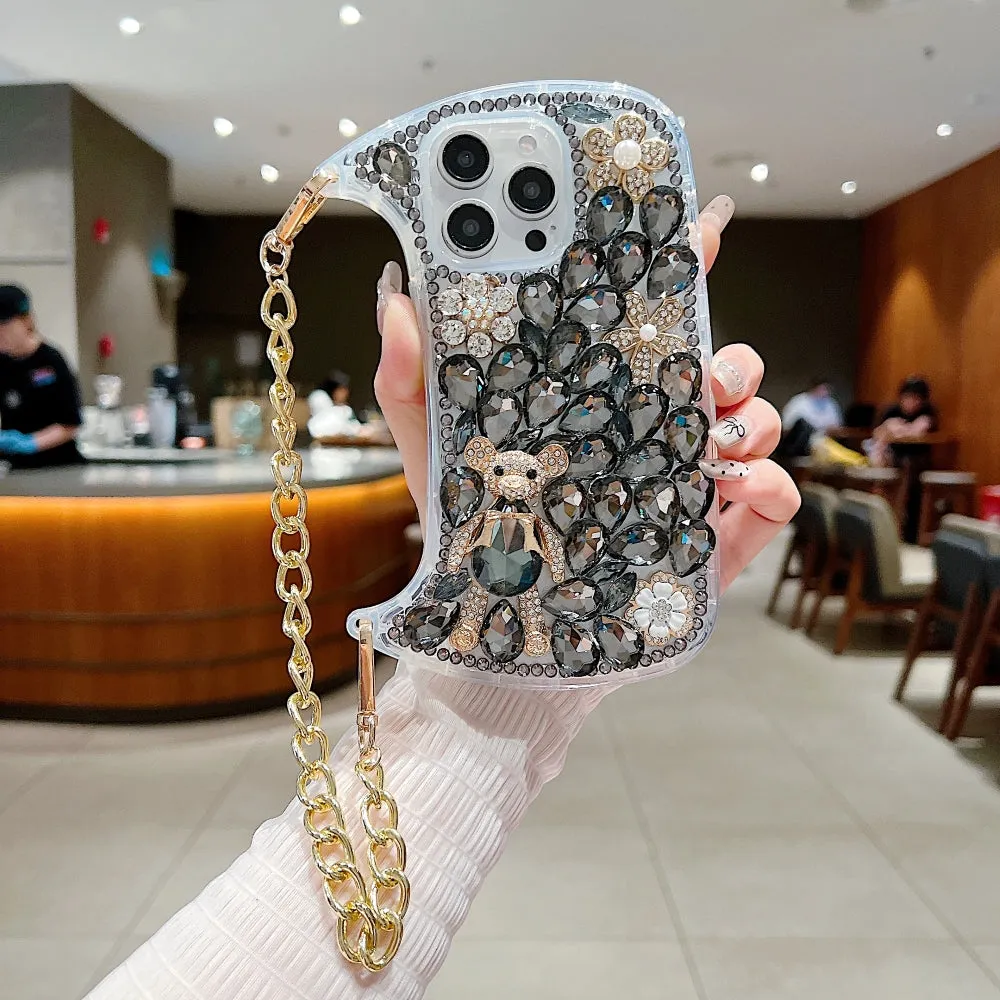 Colorful Diamond Phone Case With Metal Chain Strap - iPhone 14 Pro