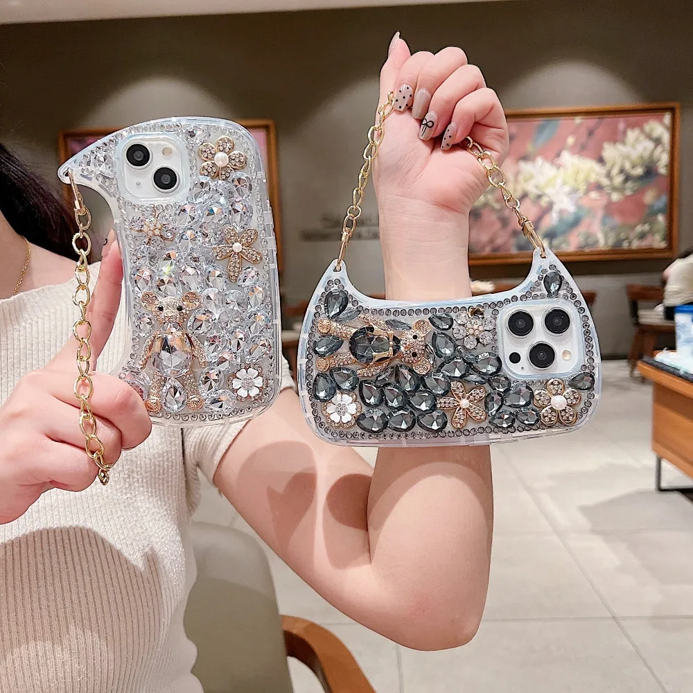 Colorful Diamond Phone Case With Metal Chain Strap - iPhone 14 Pro