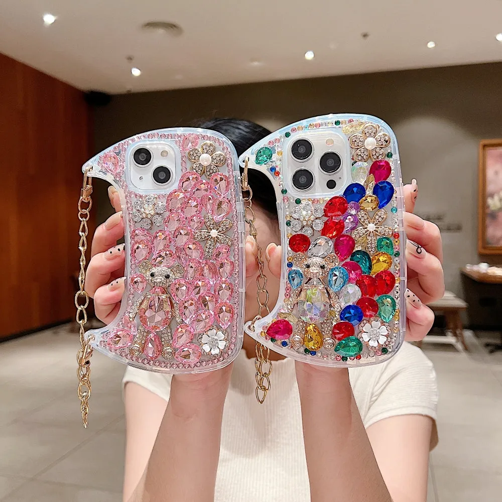 Colorful Diamond Phone Case With Metal Chain Strap - iPhone 14 Pro