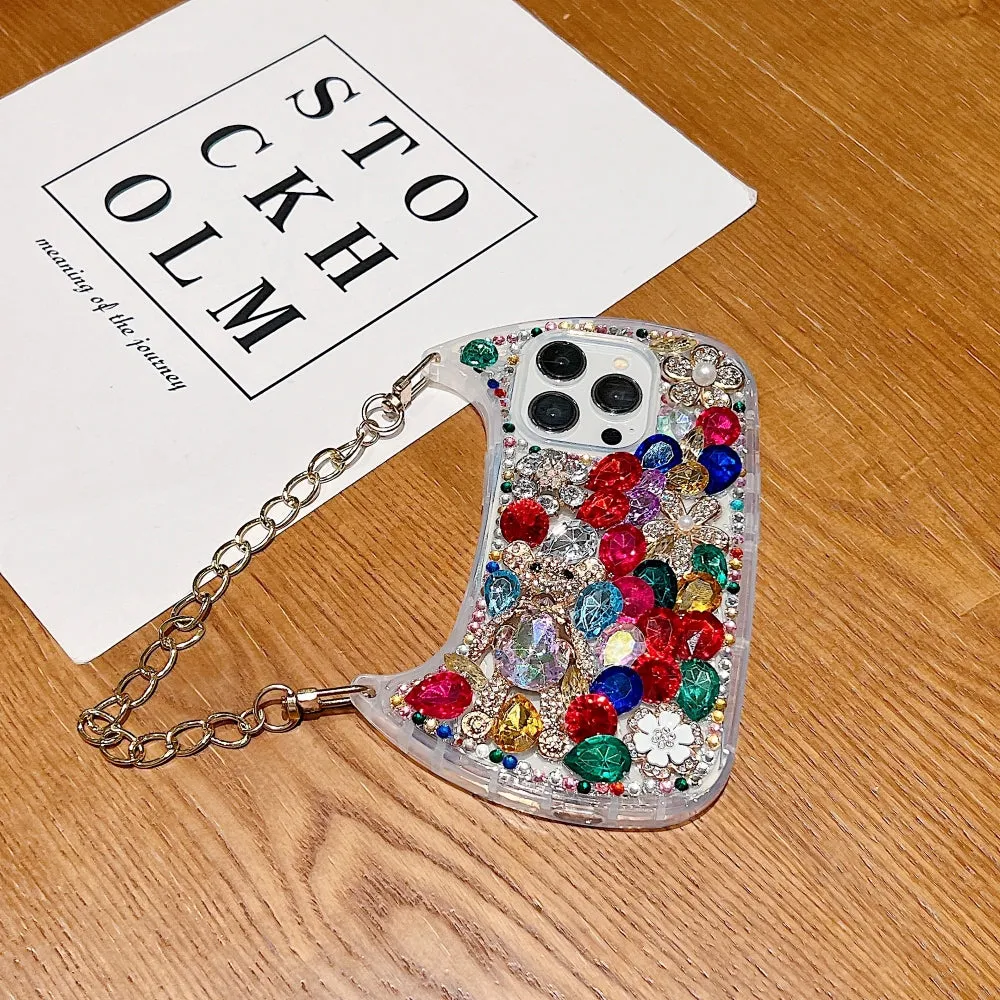 Colorful Diamond Phone Case With Metal Chain Strap - iPhone 14 Pro