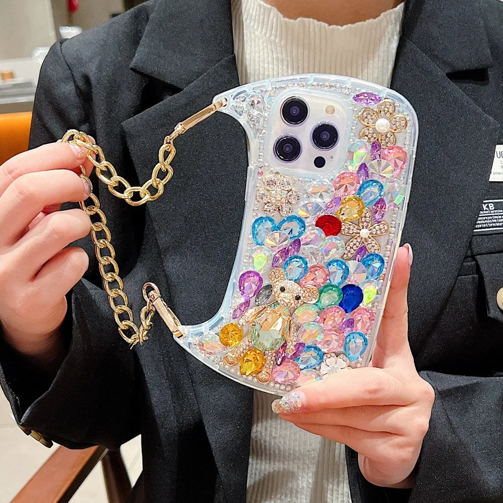 Colorful Diamond Phone Case With Metal Chain Strap - iPhone 14 Pro