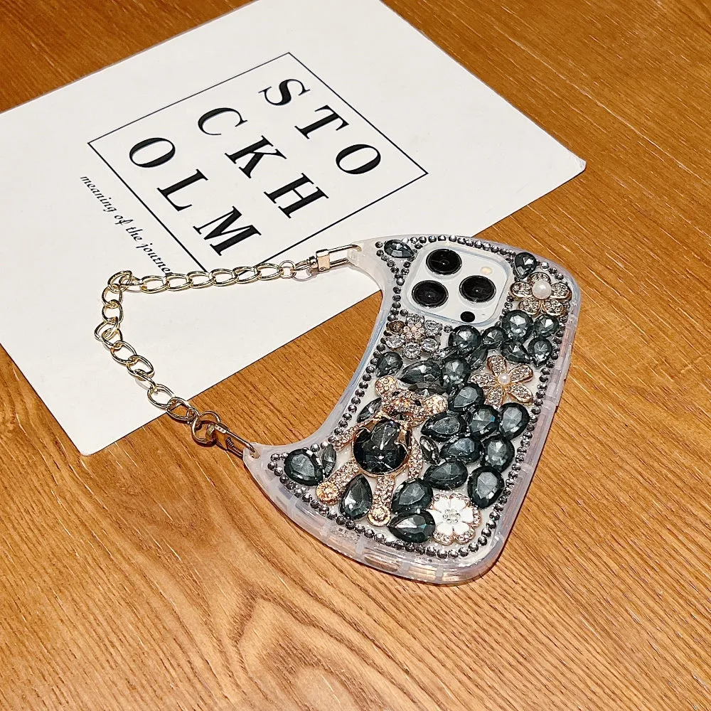 Colorful Diamond Phone Case With Metal Chain Strap - iPhone 14 Pro