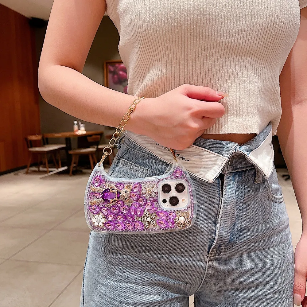 Colorful Diamond Phone Case With Metal Chain Strap - iPhone 14 Pro