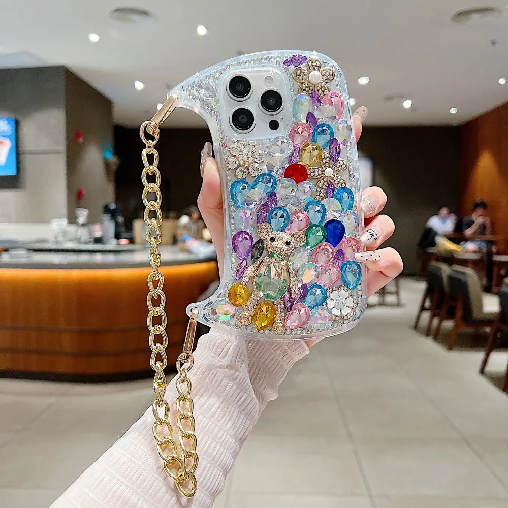 Colorful Diamond Phone Case With Metal Chain Strap - iPhone 14 Pro