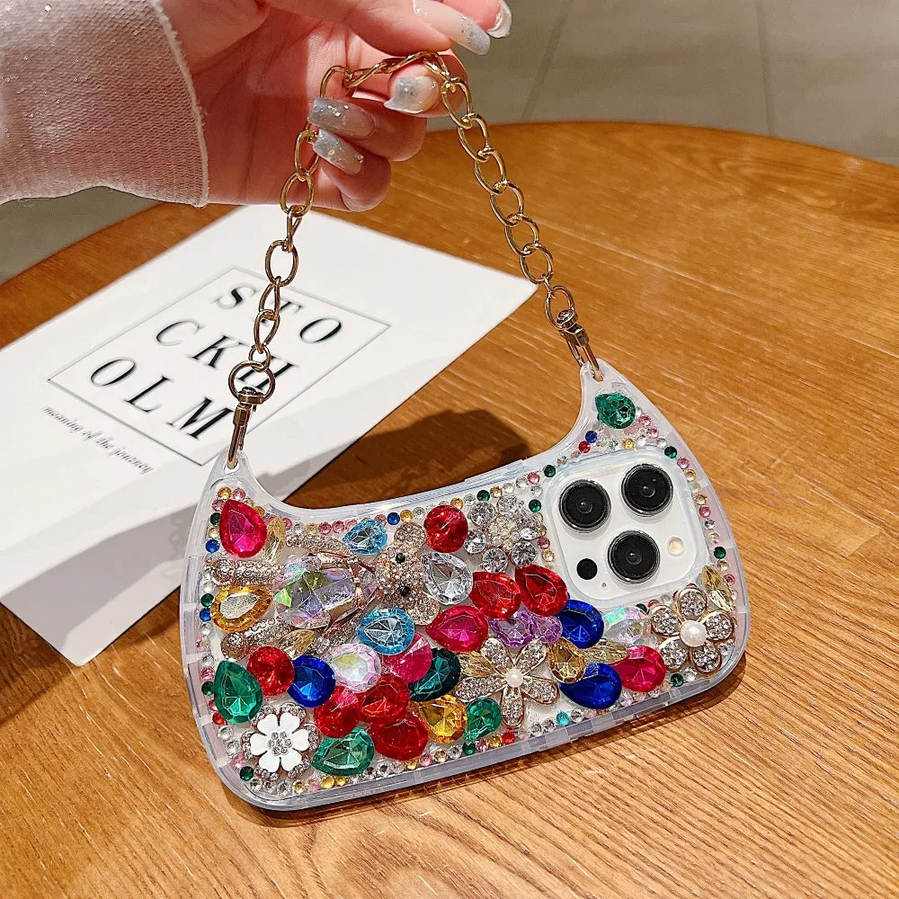 Colorful Diamond Phone Case With Metal Chain Strap - iPhone 14 Pro