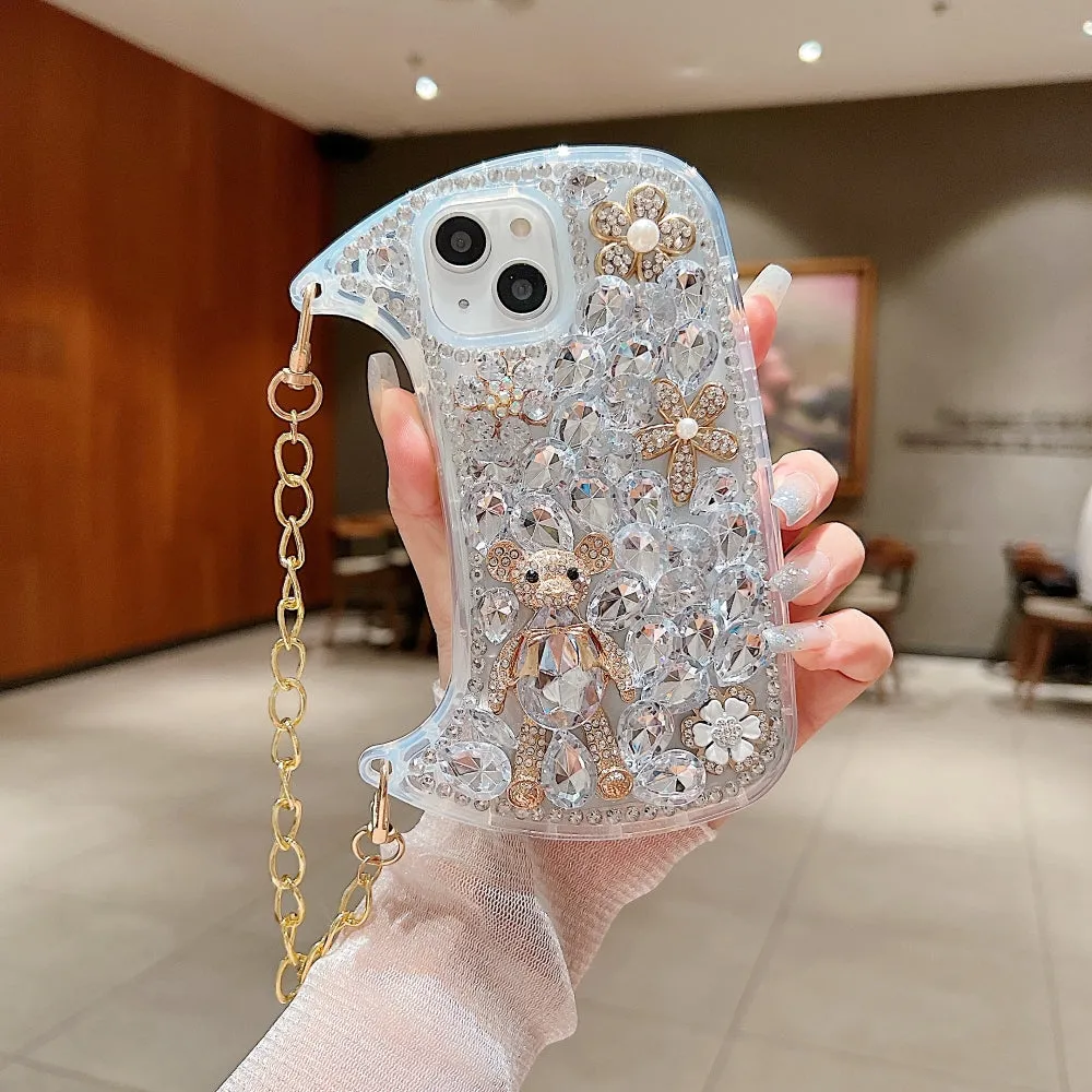 Colorful Diamond Phone Case With Metal Chain Strap - iPhone 14 Pro