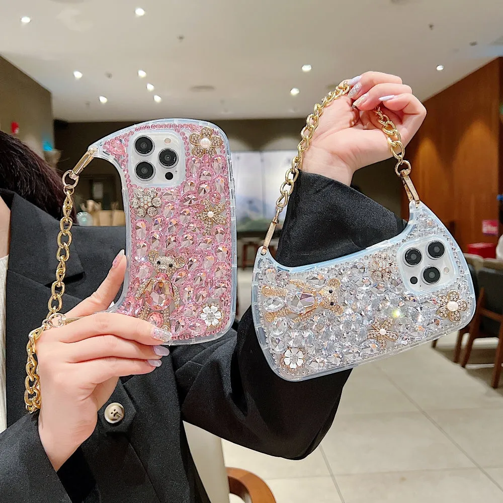 Colorful Diamond Phone Case With Metal Chain Strap - iPhone 14 Pro