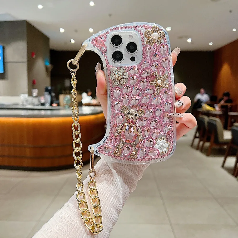 Colorful Diamond Phone Case With Metal Chain Strap - iPhone 14 Pro