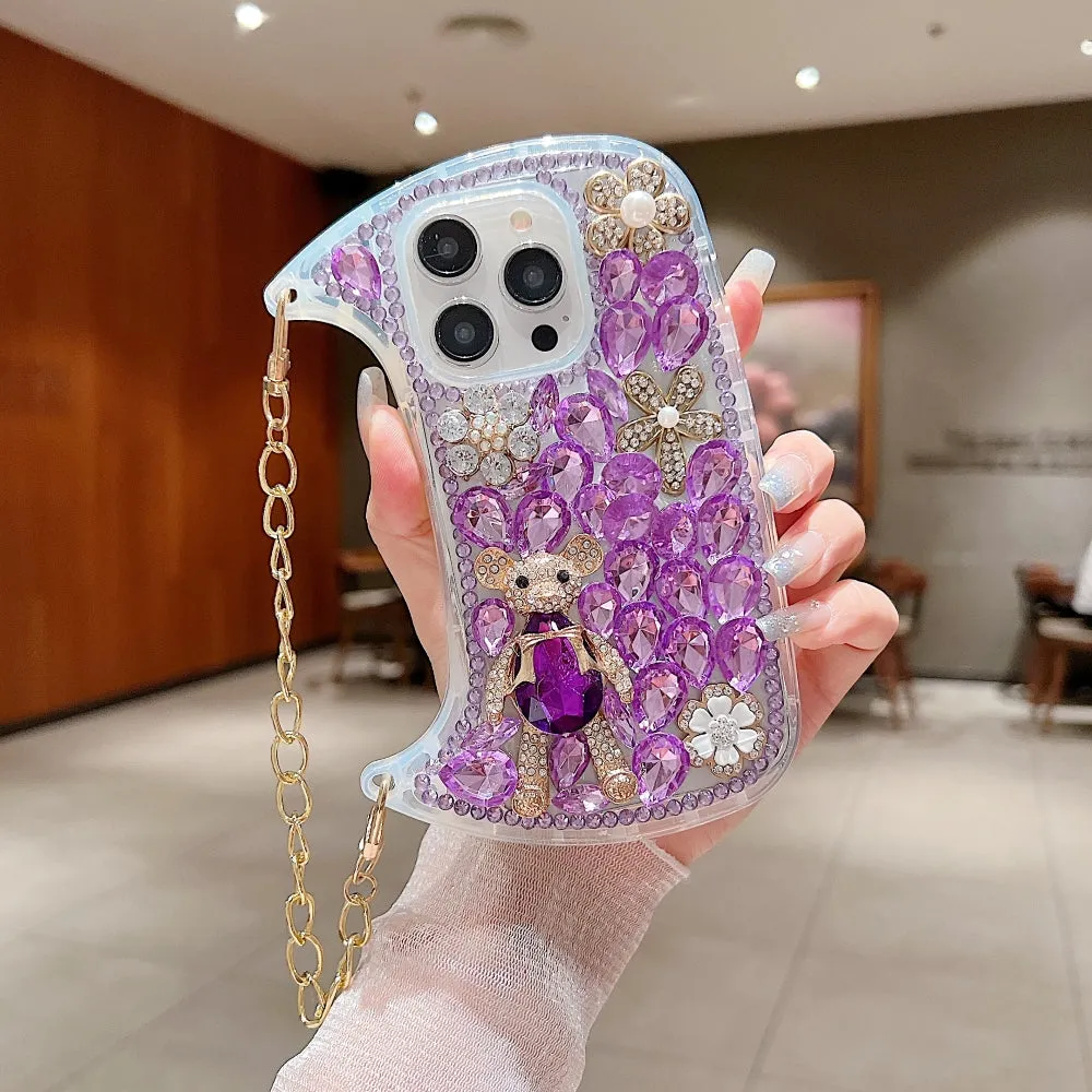 Colorful Diamond Phone Case With Metal Chain Strap - iPhone 14 Pro