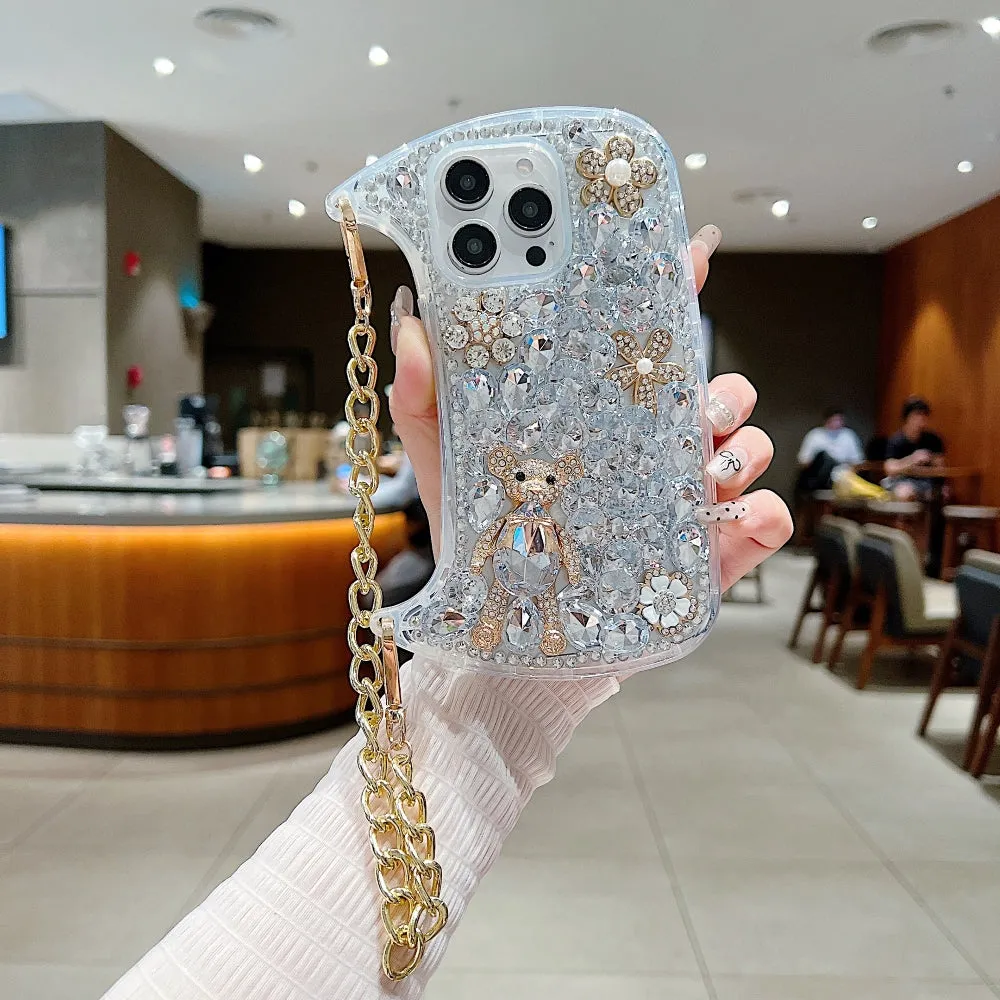 Colorful Diamond Phone Case With Metal Chain Strap - iPhone 14 Pro
