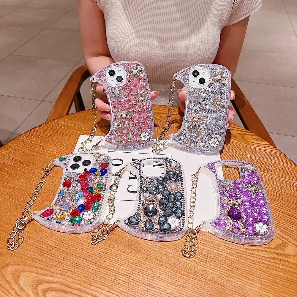 Colorful Diamond Phone Case With Metal Chain Strap - iPhone 14 Pro
