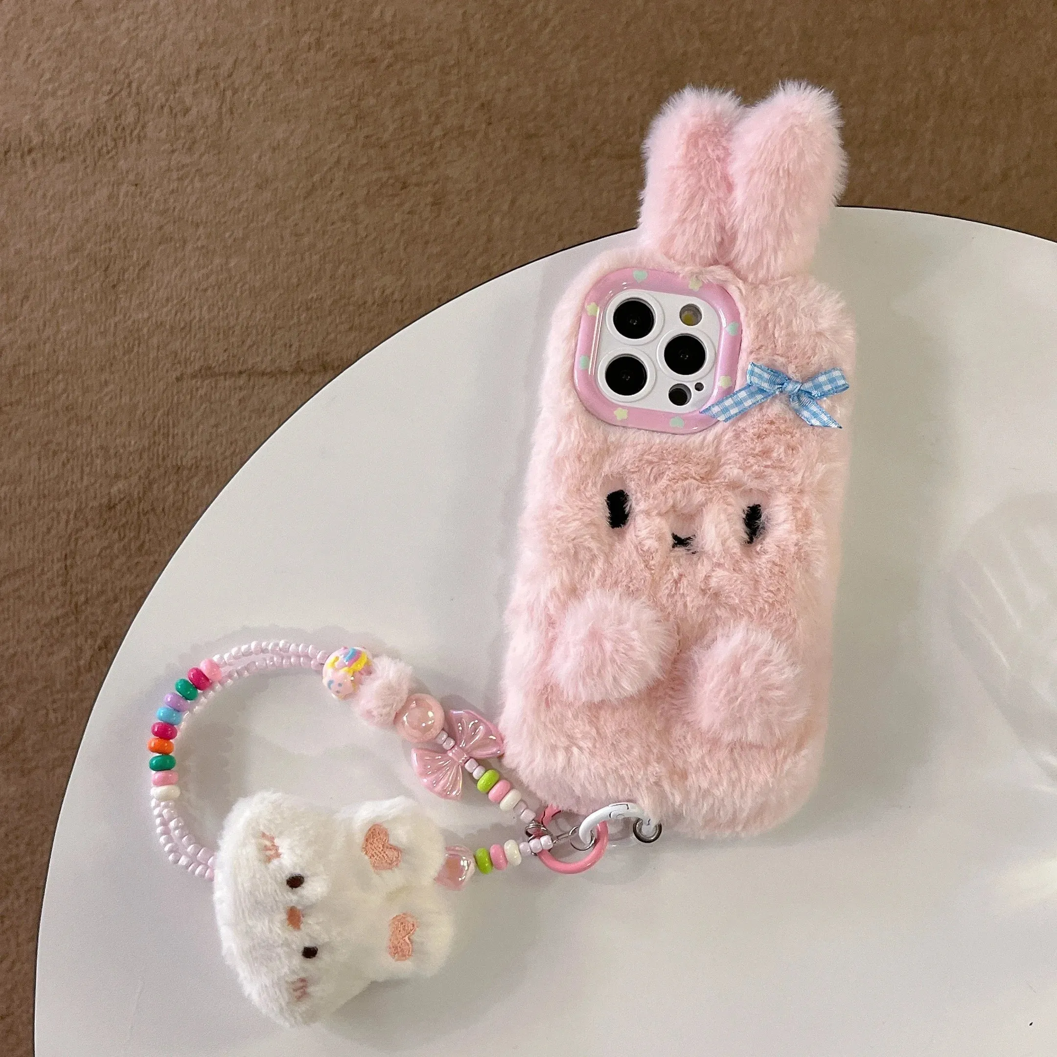 Cute Soft 3D Bunny Rabbit Plush Wristlet Strap Phone Case Cover for iPhone