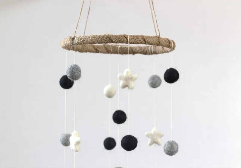 Felt Ball & Star Nursery Mobile- Black, Gray- SMALL