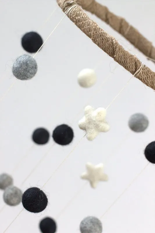 Felt Ball & Star Nursery Mobile- Black, Gray- SMALL