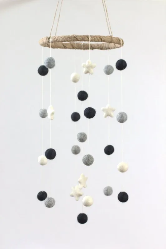 Felt Ball & Star Nursery Mobile- Black, Gray- SMALL