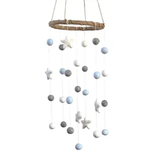 Felt Ball & Star Nursery Mobile- Ice Blue, Gray- SMALL