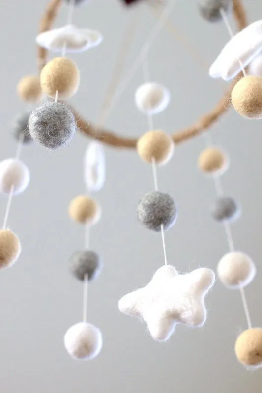 Felt Ball & Star Nursery Mobile- Neutral Almond, Gray- SMALL