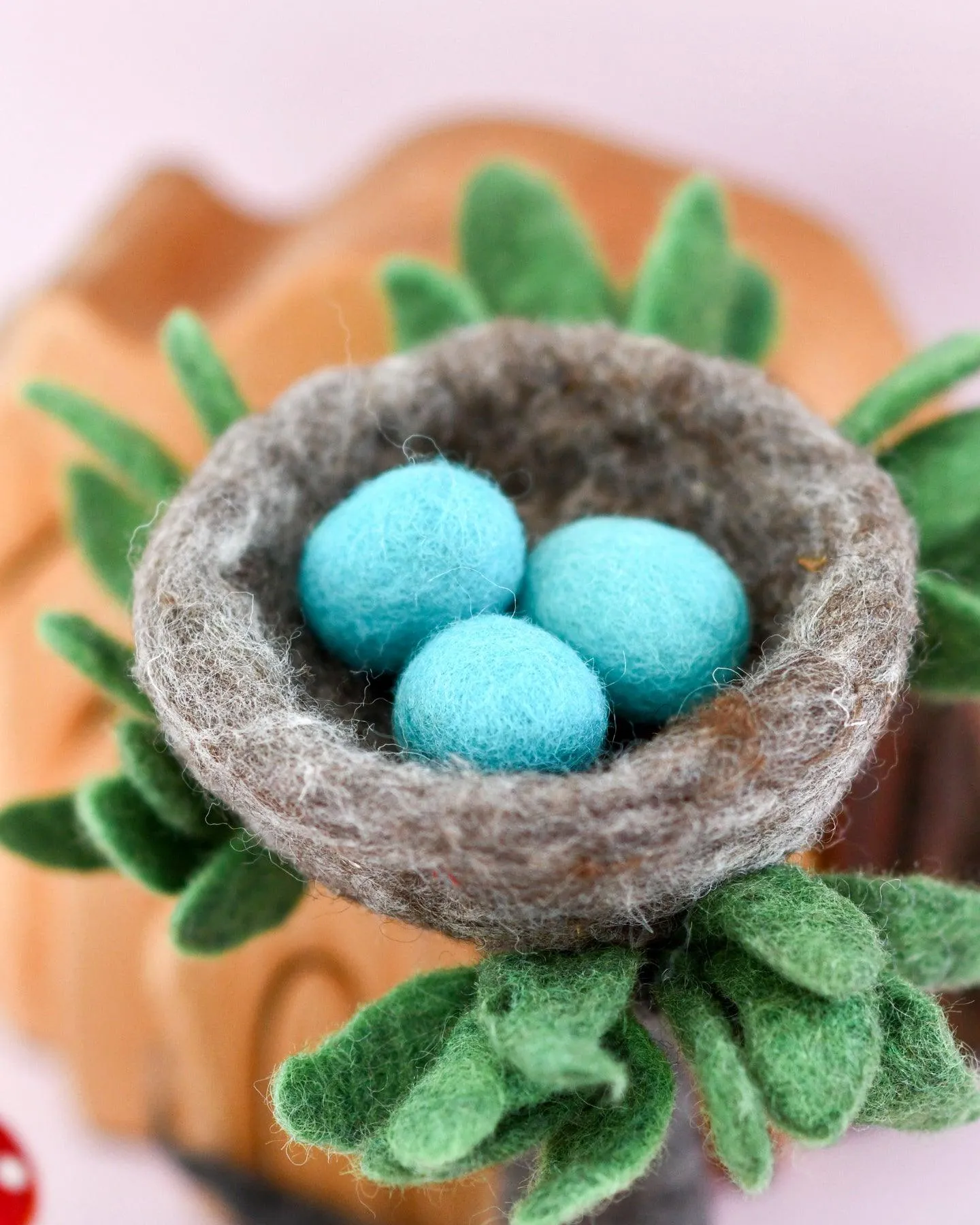 Felt Nest with 3 Blue Robin Eggs
