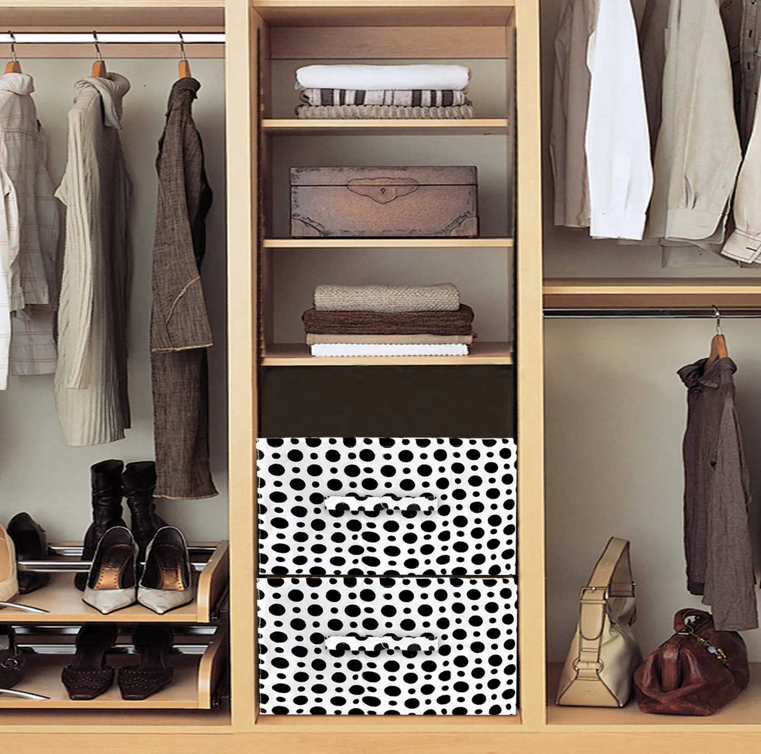 Heart Home Dot Print Non Woven Fabric 2-Replacement Drawer Storage And Cloth Organizer Unit for Closet (Black & White)-HHEART16016