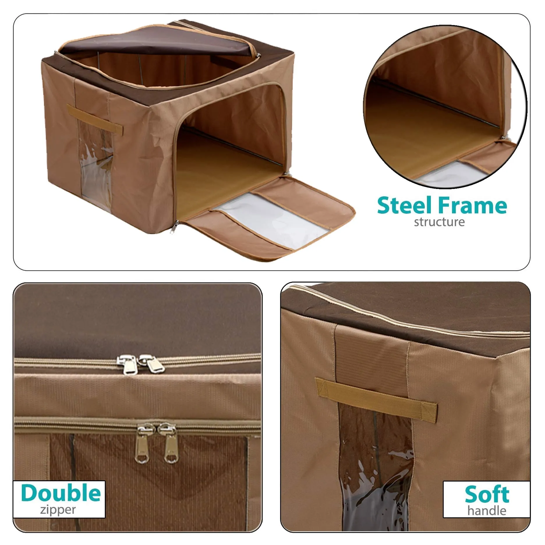 Heart Home Steel Frame Living Box, Closet Organizer, Cloth Storage Boxes for Wardrobe With Clear Window, 66Ltr. (Brown)-44HH0306