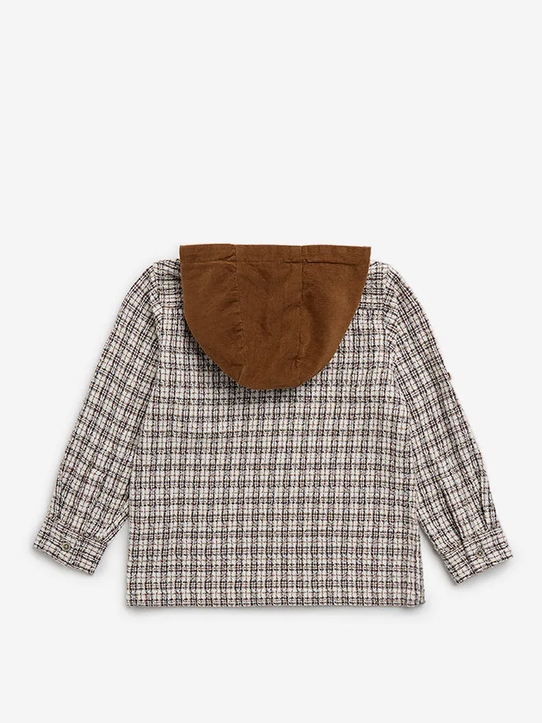 HOP Kids Brown Checks Design Hooded Cotton Shirt