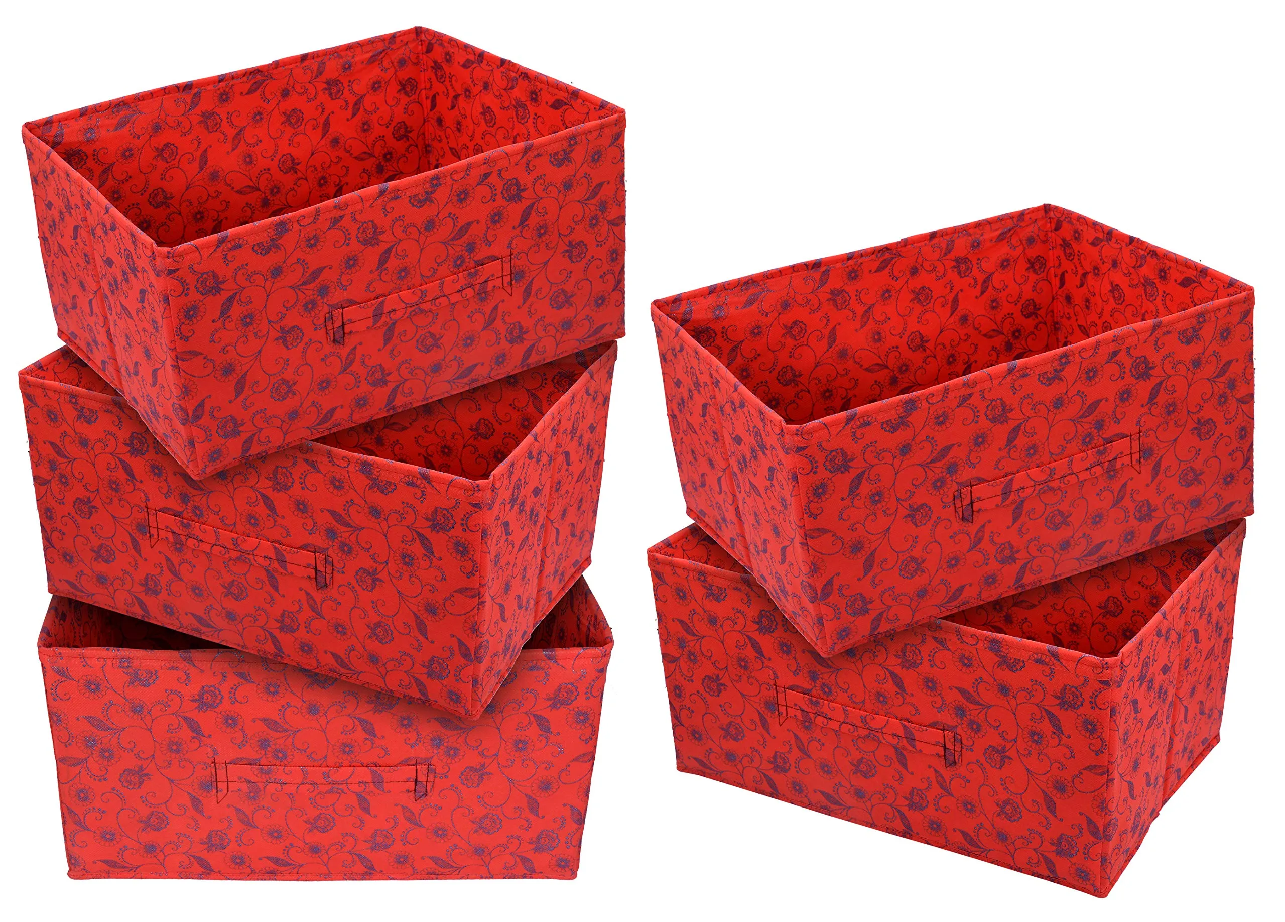 Kuber Industries Metalic Floral Print Non Woven Fabric 5-Replacement Drawer Storage and Cloth Organizer Unit for Closet (Red)-KUBMART3496