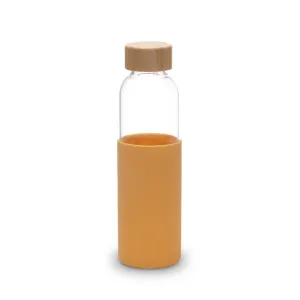 Kuber Industries Water Bottle | Glass Bottle | Sleeve Protection Bottle | Bamboo Lid Water Bottle | Travel Round Bottle | XB5501-YEL | 550 ML | Yellow
